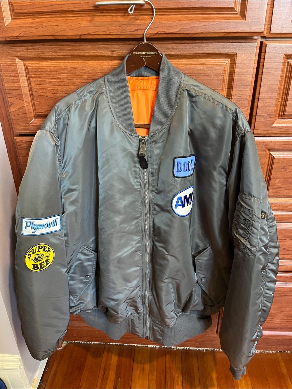 Men’s Alpha Industries Olive Green Bomber Jacket with Patch Accents